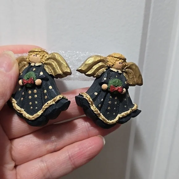 Gold and Black Christamas Angel Eartings  Clip On Earrings - Picture 4 of 12